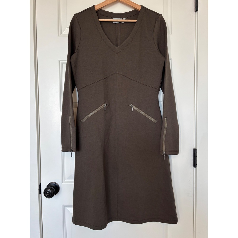 NWOT Athleta Celebration Ponte‎ Dress Brown V-Neck Long Sleeve Zip Pocket Medium